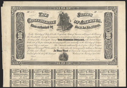 Act of February 17, 1864 (Section 12). $100. Cr. 147, B-357a. No. 1001. Remainder. Vignette of Confederate sergeant in front of tent. Beehive at bottom center. Unissued with
all coupons below. Ball notes no mention in records as actually issue