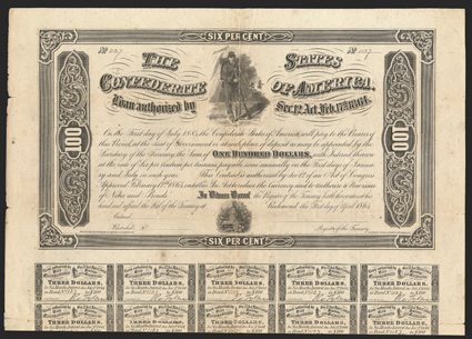 Act of February 17, 1864. $100. Cr. 147, B-357a. No. 1127. Remainder.  Vignette of Confederate sergeant in front of tent with rifle. Beehive at bottom center. Unsigned.
Complete coupons (41). Imprint 53 at lower left corner of bottom coupon i
