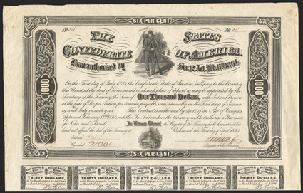Act of February 17, 1864. $1000. Cr. 149, B-360. No. 344. Confederate sergeant with rifle in front of camp tent, top center. Signed by Apperson. Missing one coupon at bottom.
Wrinkles, light foxing, VF.