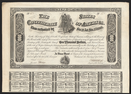 Act of February 17, 1864. $1000. Cr. 149, B-360. No. 651. Similar in design to previous. Signed by Apperson. 40 coupons below, 1 missing. Edge wear, creases in coupons, VF.
From The Holger Dreher Collection