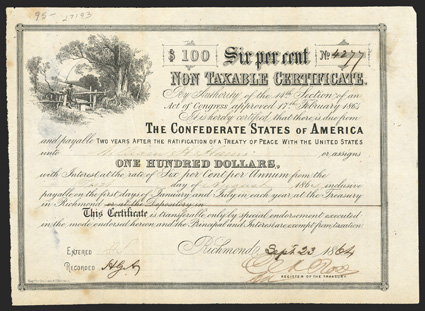 Act of February 17, 1864. $100. Cr. 152, B-362. No. 4277. Rural scene with man at turnstile. Signed by Rose. Long transfer form on reverse. Foxing, fold wear, good VF. From
The Holger Dreher Collection