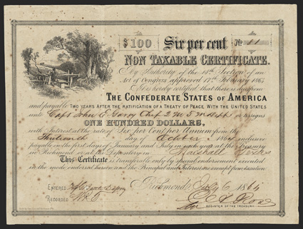 Act of February 17, 1864. $100. Cr. 152, B-363. Trans-Mississippi Bond. No. 81. Rural scene with man at turnstile. Issued in Marshall, Texas to Capt. John E. Garcy. Endorsed
on verso and entered on recto by H.G.J. Battle in the short transf