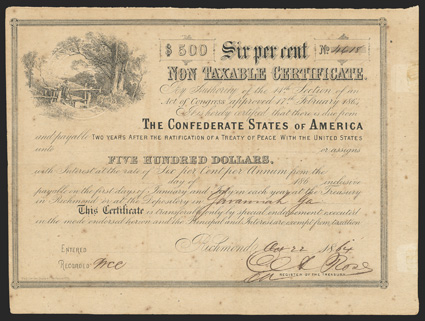 Act of February 17, 1864. $500. Cr. 153, B-364. No. 4618. As previous. Signed by Rose. Savannah depository. Long form on reverse. Well toned, unevenly on right edge, foxed,
very good Fine. From The Holger Dreher Collection