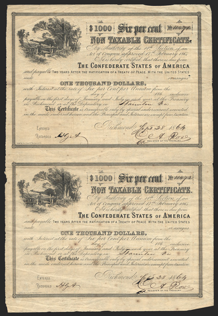 Act of February 17, 1864. $1000. Cr. 154, B-366. Uncut Pair. Nos. 11471-11472. As previous. Both signed by Rose. Long transfer form on verso. Ink erosion at signatures,
foxing, edge wear, small tear in left edge, some fold splitting at left,