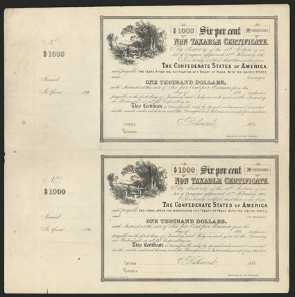 Act of February 17, 1864. $1000. Cr. 154, B-366. Uncut Pair. Unissued. As previous, except unsigned and unissued. Stubs at left. Long transfer form on verso. Folded between
certificates, soiled, a good VF. From The Holger Dreher Colle