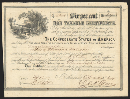Act of February 17, 1864. $5000. Cr. 155, B-369. No. 670. As previous, with short transfer form on verso. Signed by Rose. Savannah depository. Foxing, left edge trimmed to
border, VF. From The Holger Dreher Collection