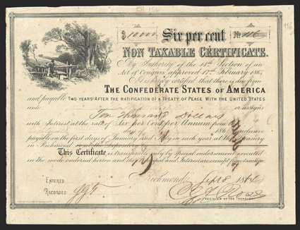 Act of February 17, 1864. $10,000. Cr. 156, B-371. No. 116. As previous, except for denomination. Depository crossed through. Signed by Rose. Short transfer form on back.
Show-through from transfer on verso, uneven top edge, foxed, but about