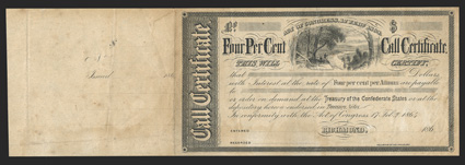 Act of February 17, 1864. $___. Cr. 159, B-354. Unissued remainder. Rappahannock River scene, west of Fredericksburg, Va. Unsinged and unissued. With blank stub at left. Well
toned, lightly foxed, about VF. From The Holger Dreher Coll
