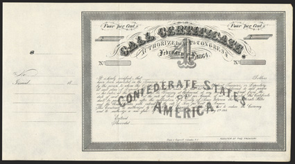 Act of February 17, 1864. $____. Cr. 160, B-355. No serial number. Unissued Remainder. Large Arabic numeral 4 in center. Unsigned. Blank stub at left. Evans & Cogswell,
Columbia, S.C. Folds, edge wear at right, but top of grade VF. 