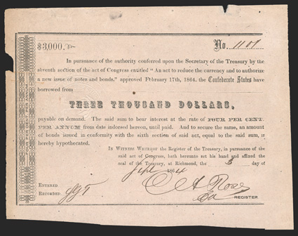 Act of February 17, 1864. $3000. Cr. 162D, B-347a. No. 1101. As previous, except for denomination. Signed by Rose. Edge wear including chips out top and left, toning at left
edge, stain in top margin, uneven borders, but a nice face, top 