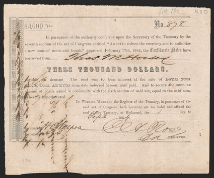 Act of February 17, 1864. $3000. Cr. 162D, B-347. No. 878. As previous, except fully issued. Signed by Rose. Show-through and ink erosion from writing on verso, spotting, edge
wear, a good Fine. From The Holger Dreher Collection
