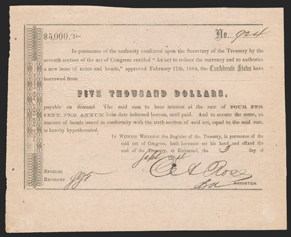 Act of February 17, 1864. $5000. Cr. 162E, B-348a. No. 924. As previous, except partially filled in. Signed by Rose. Toned, about VF+. From The Holger Dreher
Collection