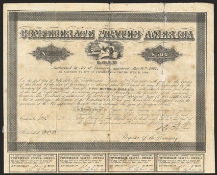 Act of June 13, 1864. $500. Cr. 164, B-382. No. 55. Sailor with Confederate flag, leaning on bales and barrels, ship in distance. Signed by Tyler, though Ball lists only
Apperson and Jones for this denomination. F. Geese  Evans & Cogswell. All