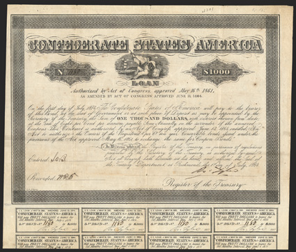 Act of June 3, 1864. $1000. Cr. 165, B-384. No. 1180. As previous. Signed by Tyler. 19 coupons below. No engravers name. Light foxing, edge and fold wear, about VF. From The
Holger Dreher Collection