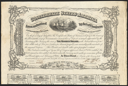 Act of June 14, 1864. $500. Cr. 166, B-385. No. 336. CSS Alabama, the dreaded raider. Signed by Tyler. Full coupons below (40). Edge wear at right, toning and soiling, VF.
From The Holger Dreher Collection