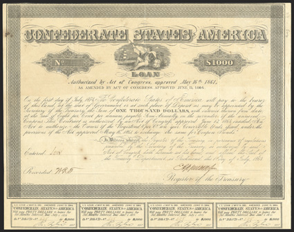Act of May 16, 1861, Amended June 13, 1864, Cr. 166, B-384, $1000, July 1, 1864, 598, sailor with banner rests on bale, ship in background, signed Apperson, 19 coupons, toned,
with folds and minor edge wear, light foxing, strong VF.