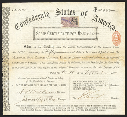 Scrip Certificate. $50,000. Cr. 175, Ball Unlisted. No. 1131. As previous. September 10, 1883. Ten shilling stamp top. Toning along fold, staple holes, VF. From The Holger
Dreher Collection