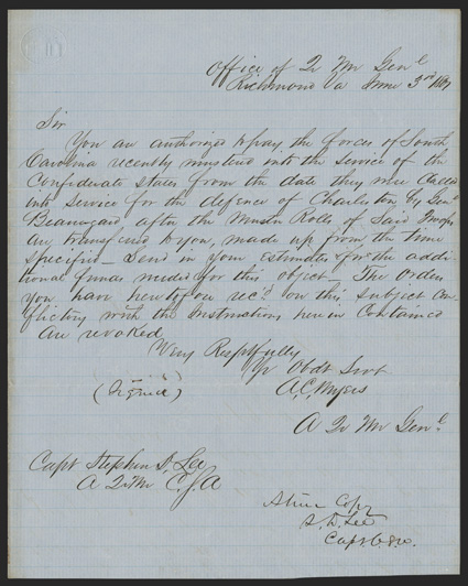 Lee, Stephen D. American soldier and politician (1833-1908) served under Beauregard at Ft. Sumter led troops at Seven Pines, the Seven Days, Second Manassas, Antietam, and in
the Vicksburg and Nashville Campaigns. His early Endorsement Signat