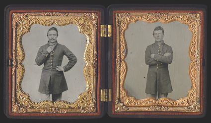 Photography: Collection Six images, five of them from the Civil War era. Includes a choice pair of 3 x 2.5 Ambrotypes in a dual case, each showing a man in a war-era shell coat
with tinted cheeks and buttons. With a 4.25 x 3.25 Tint