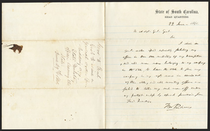 Pickens, F. W. Interesting Autograph Letter Signed F. W. Pickens as governor, 1 page, 4to, on State of south Carolina  Head Quarters stationery, [Columbia], June 29. 1861. He
directs Adjutant General Gist to issue a general order 