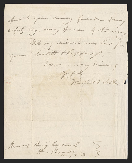 Scott, Winfield  American soldier (1786-1866) gained national fame for his heroics in the War of 1812 General-in-Chief of US forces from the Mexican War through the early Civil
War presidential candidate in 1840 and 1852. Early Autograph Let