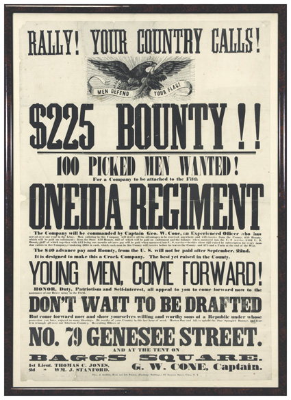 Zouaves: Recruitment Broadside Wonderful display Broadside, 37.8 x 26.2, [1862], exhorting the men of Utica, NY to RALLY! YOUR COUNTRY CALLS!  $225 BOUNTY!!  100 Hand Picked
Men Wanted! For a Company to be attached to the Fifth ONEI
