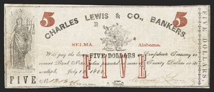 AL. Selma. Charles Lewis & Co., Bankers. $5. July 12, 1862. (Rosene 298-6). No. 12124, Plate B. Justice at left. Cotton plant at center. Imprint of M.J. Williams, Selma. Red
overprints of city and state, 5 at upper left and right, a