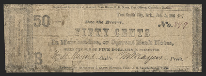 AR. Fort Smith City. W. Mayers. 50 Cents. Jan. 5, 1862. (Rothert-234-12). No. 849, Plate B. Decorative end panel at left with Redeemable by Stirman & Dickson, Fayetteville.
Typeset in black ink on thin tissue-like brown paper. Signe