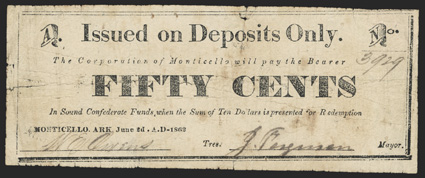 AR. Monticello. Corporation of Monticello. 50 Cents. June 2, 1862. (Rothert 495-1). No. 3929, Plate A. Rothert Plate Note. Typeset. VGF, with paper separations along folds, and
tear from left edge. ex Schingoethe, Sale 272 Lo