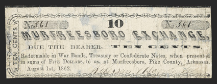 AR. Murfreesboro. Roberson & Hancock, Murfreesboro Exchange. 10 Cents. Aug. 1, 1862. (Rothert 515-1) Rothert Plate Note. Type set. VG, thins, and some repair work has been
done. Ex. Amon Carter, Jr. Collection Schingoethe, Sa
