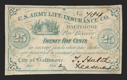 MD. Baltimore. U.S. Army Life Insurance Co. 25 Cents. 1862. (Maryland-5.160.4). No. 784. Green. Beehive. Little is known about these notes, but there were life insurances
companies during the Civil War that provided insurance to soldier