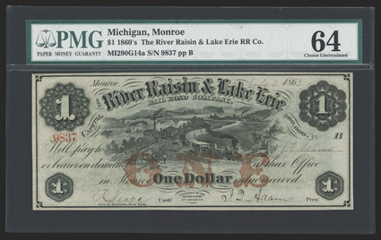 MI. Monroe. River Raisin & Lake Erie Rail Road Co. $1. July 3, 1868. (I-290 G14a.) Red ONE overprint. Train rounds bend, lumber mill at left with men watching as train passes.
PMG Choice Unc 64.