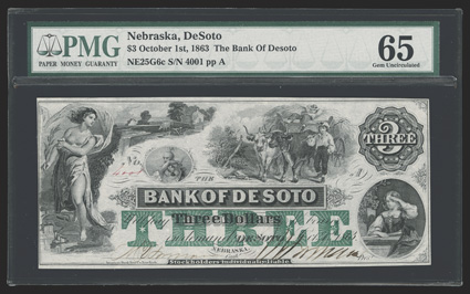 NE. DeSoto. Bank of De Soto. $3. Oct. 1, 1863. (NE-25 G6c). No. 4001. Brilliant green THREE overprint. This ABN Midwestern note on the Bank of DeSoto features the ever lovely
vignette Aurora or Dawn - larger, than life allegoric