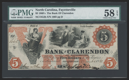 NC. Fayetteville. Bank of Clarendon. $5. August 1, 1861. (NC-15 G2b.) No. 1665. This ABN uses the brown-orange tint quite effectively for die counters, surrounds, FIVE
underprint and exceptional large V vignette. Allegorical female sits