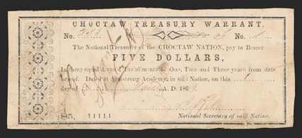 OK-Indian Territory. Armstrong Academy. Choctaw Treasury Warrant. $5. March 1869. (Cr. CHOC4). No. 253. Decorative panel across end. Uniface. Printed on pink paper. While the
face of the note does have Paid written across, it is not