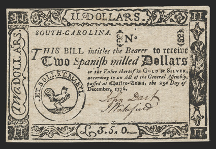 South Carolina. December 23 , 1776. $2. Fr. SC-136a. No serial number. A Colonial note in a Civil War sale you say? As our consignor collects all things from the Palmetto
state, we can certainly let a single item slide, and, better yet, a l