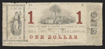 SC. Charleston. City of Charleston. $1. June 1862. (Sheheen 807). No. 2862. Justice at left. Palmetto tree at top center. Red overprints of 1 left and right and One Dollar at
bottom. Blue overprint on back of ONE. Imprint of E