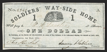 SC. Charleston. Soldiers Way-Side Home. $1. May 1, 1864. (Sheheen-844). No. 2940, Plate A. No printer. Dog and safe at top center. Redeemable July, 1864. Green design on
reverse. Way-Side Homes were recuperation centers for wounded sol