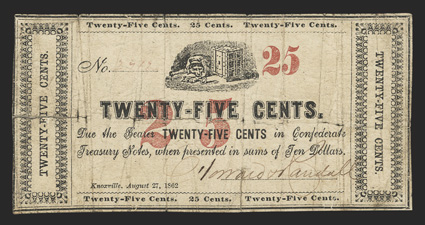 TN. Knoxville. Howard and Randall. 25 Cents. Aug. 27, 1862. Garland Unlisted. No. 2762. Dog and Safe at top center. Decorative end panels. Red overprint of 25 at center and
upper right. Another seldom seen piece of scrip from Joes
