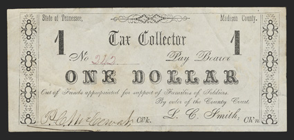 TN. Madison County. Tax Collector. $1. No. 242. Pay Bearer One Dollar Out of Funds appropriated for support of Families of Soldiers. Printed on blue paper, on the back of TN
Rail Road bonds. FVF. From The Joe C. Copeland Coll