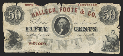TN. Victory. Halleck, Foote & Co. 50 Cents. Remainder. Eagle on Shield at lower left. Washington center. Allegorical female holding tablet at lower right. Imprint of Doty &
McFarlan, NY. Another rare Tennessee scrip item that is not acc