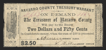 TX.(Corsicana). Navarro County. $2.50 Sep. 2, 1862. (Medlar 3. BC-272). Train across left end. Decorative end panel at right with By order of the Co. Court across. Imprint of
Navarro Express Print. Fine. ex Schingoethe, Sale 2