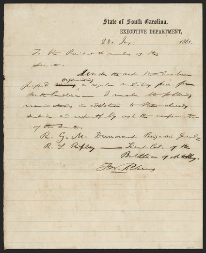 Fort Sumter: F.W. Pickens Important Autograph Document Signed F.W. Pickens as governor, 12 page, legal folio, on imprinted State of South Carolina Executive Department
stationery, January 28, 1861. Just a month after South Carolina becam