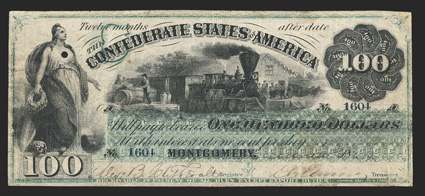 T-3. $100. Cr. 3, PF-2. No. 1604. Plate A. Railway train at center. Columbia at left. Signed by Clitherall and Elmore and issued on June 21,1861. Clear margins all around.
Fine, one small punch cancel on Columbias breast. A professionally