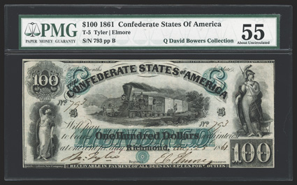 T-5. $100.  Aug. 28, 1861. Cr. 5, PF-1. No. 793, Plate B. Justice at lower left. Hudson River Railroad at center. Minerva at right.  The beautiful dark green overprints
contrast very nicely with the sharply printed vignettes. Signed by Tyler an