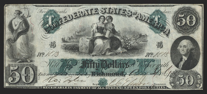 T-6. $50. 1861. Cr. 6, PF-1. No. 1813. Plate B. Justice at left Agriculture and Industry seated on a bale of cotton at center. Washington bust at right. FVF, with a couple of
pinholes and a mounting remnant on back. From The Collection