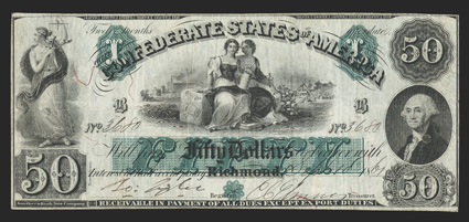 T-6. $50. 1861. Cr. 6, PF-1. No. 3680. Plate B. Justice at left Agriculture and Industry seated on bale of cotton at center. Washington bust at right. Three punch cancels have
been repaired on this Fine example. From The Collection of Jo