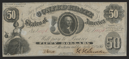 T-8. $50. 1861. Cr. 20, PF-8. No. 12576. Plate C. Tellus at left Washington, center. for printed before Treasr. Printed on thin paper. A beautifully framed About Uncirculated
example.