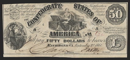 T-14. $50. 1861. Cr. 69, PF-5. No. 634. Plate AG. Sailors at left. Juno Moneta seated by treasure chests in the center. Listed as a Rarity 9+ in Fricke. The paper has toned
darker, most likely due to storage. EFAU, with two spots of ink bu