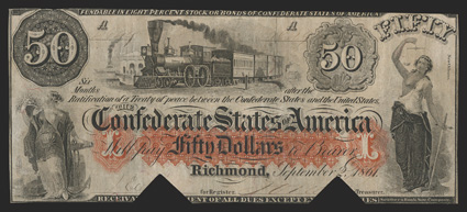 T-15. $50. 1861. Cr. 79, PF-1. No. 2649. Plate A. Hudson River Railway scene, center. Hope with anchor, left. Justice standing with scales and sword, right. Wonderful
orange-red security underprint cartouche at center. With triangular COC at bo